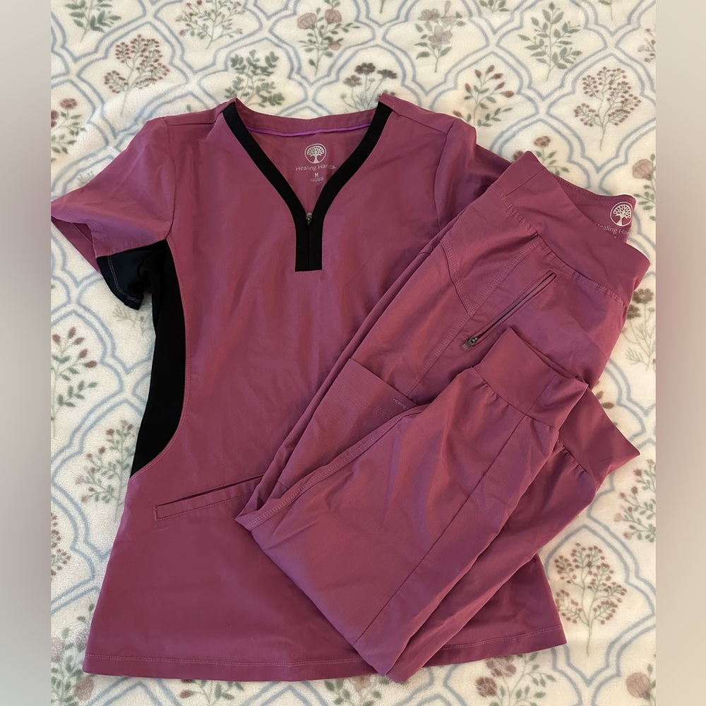 Healing Hands Plum Scrub Top and Bottom Set